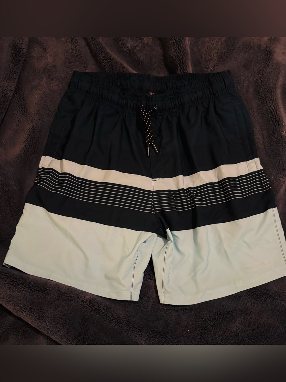 Men's Navy and Light Blue Striped Board Shorts with Drawstring